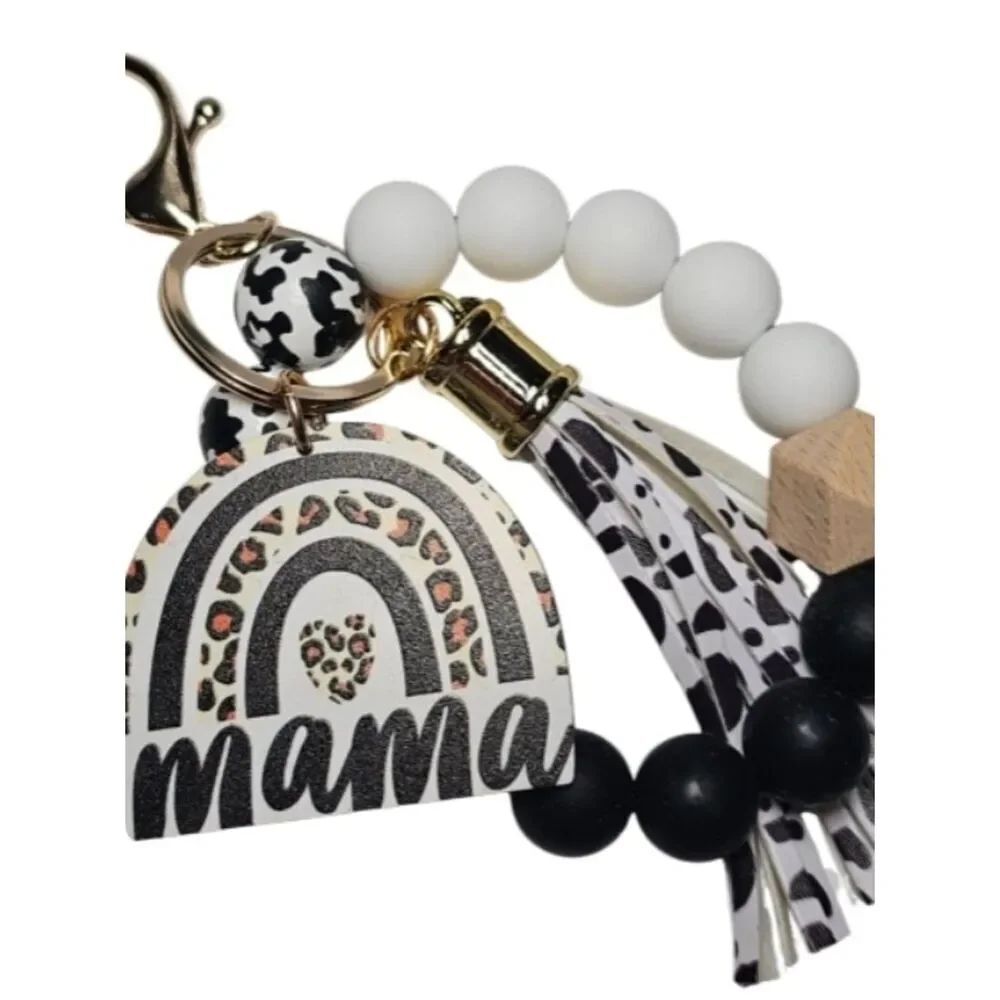 Mama Leopard Accent Beaded Keychain Bracelet - White & Black